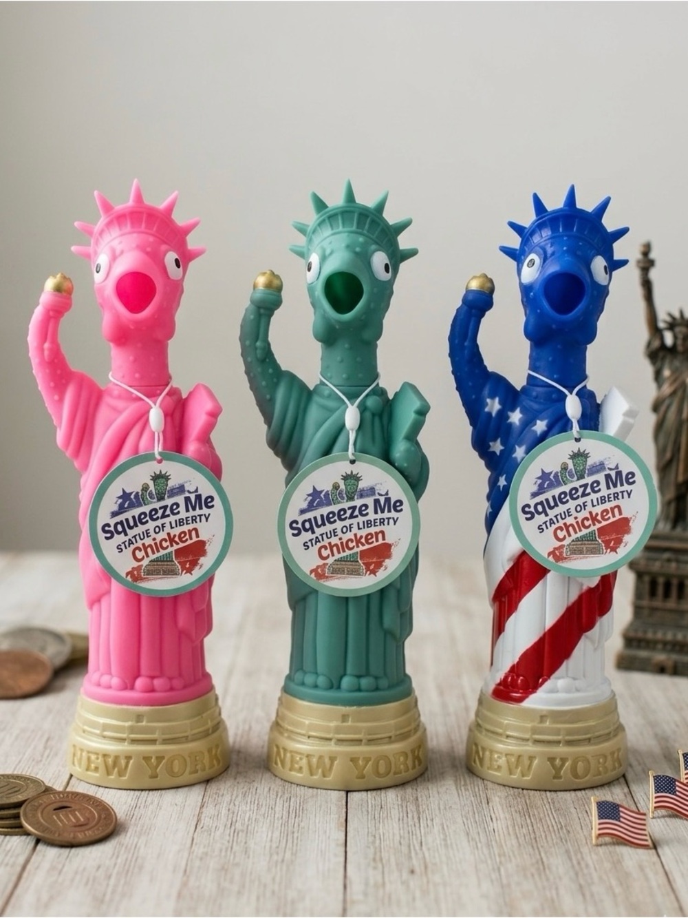 Bark Statue of Liberty Squeeze Me Chicken Dog Toy - Pink, Teal, Blue